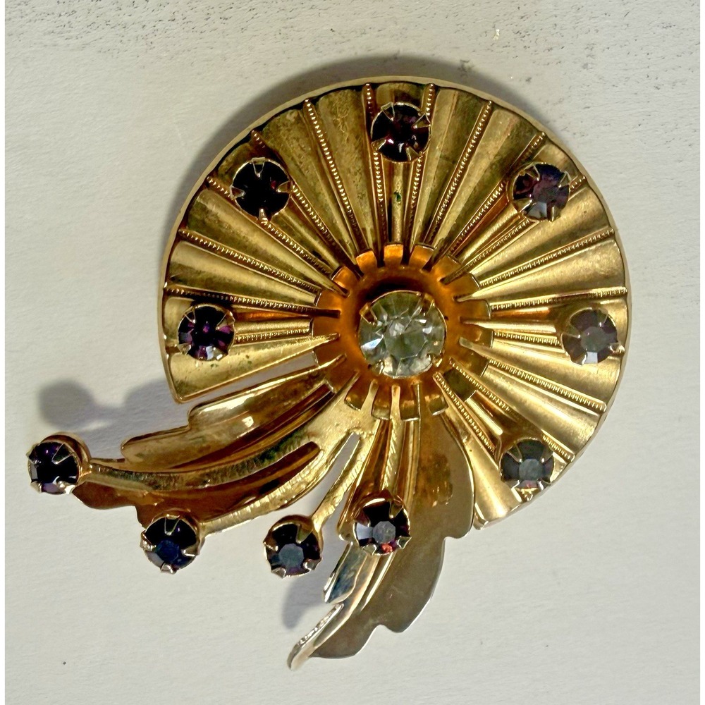 Vintage Floral purple, clear Rhinestone Brooch – Gold Tone‎ Wreath - Picture 5 of 8